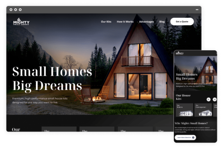 Mighty small homes website desktop and mobile screen views