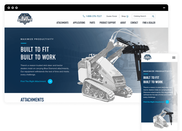 Home page of Blue Diamond Attachments in a desktop window and then again as the mobile version in a mobile window.