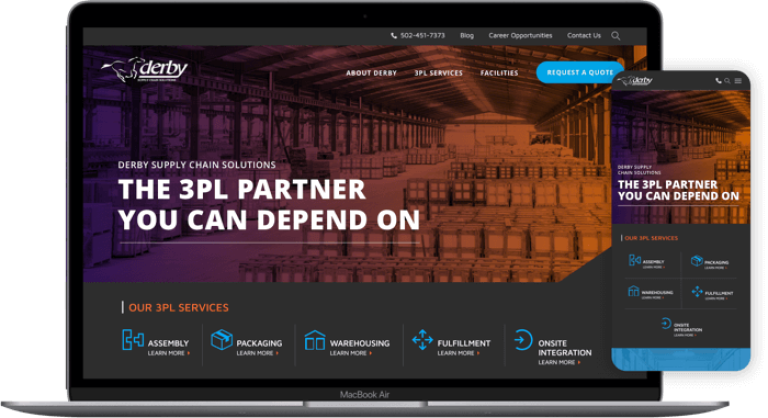 The Derby LLC home page on a laptop and cell phone.