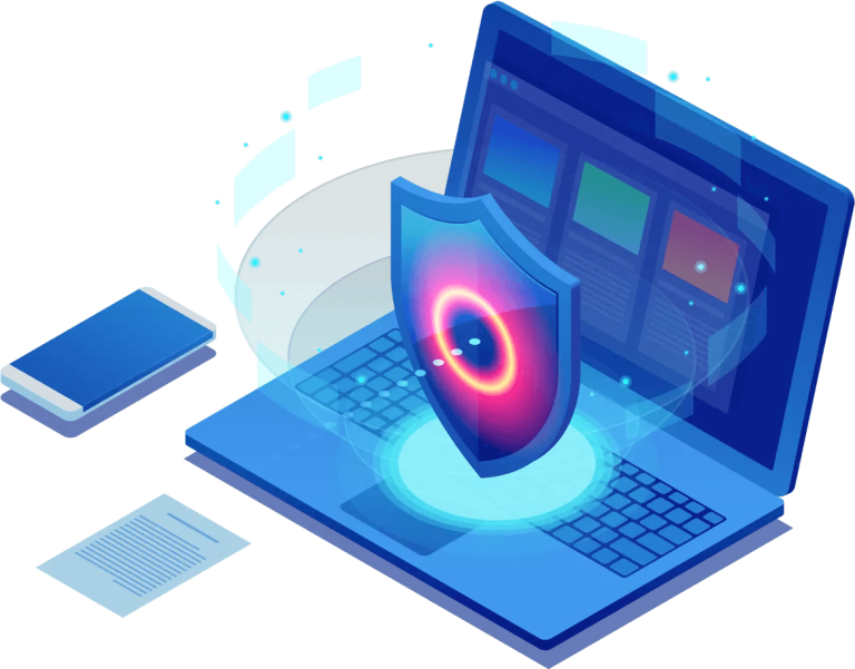 An illustration of a laptop with a security shield.