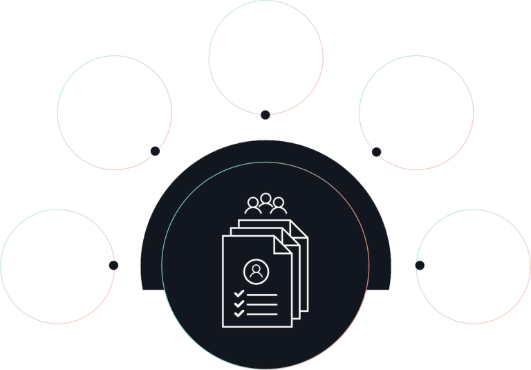 Graphic of different icons representing ideas, strategy, research, and checklists to represent the process of lead generation