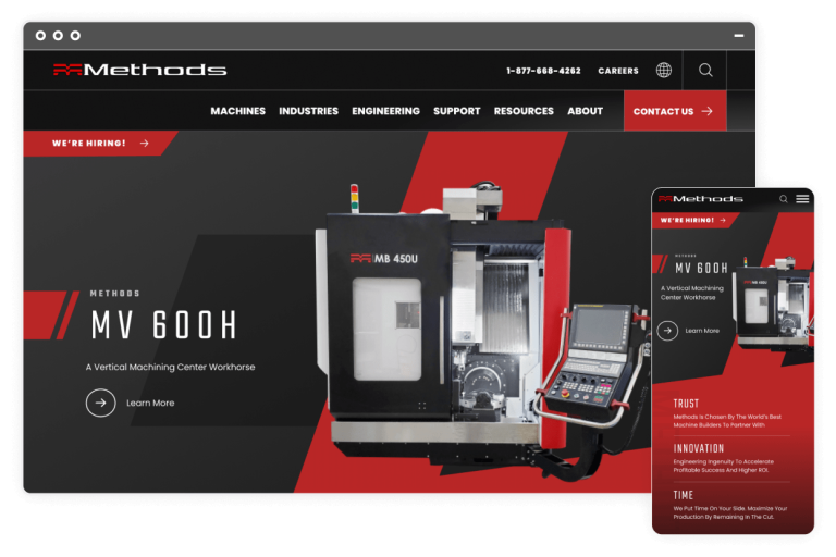 the Methods Machine home page in a desktop-sized window and a mobile-sized window