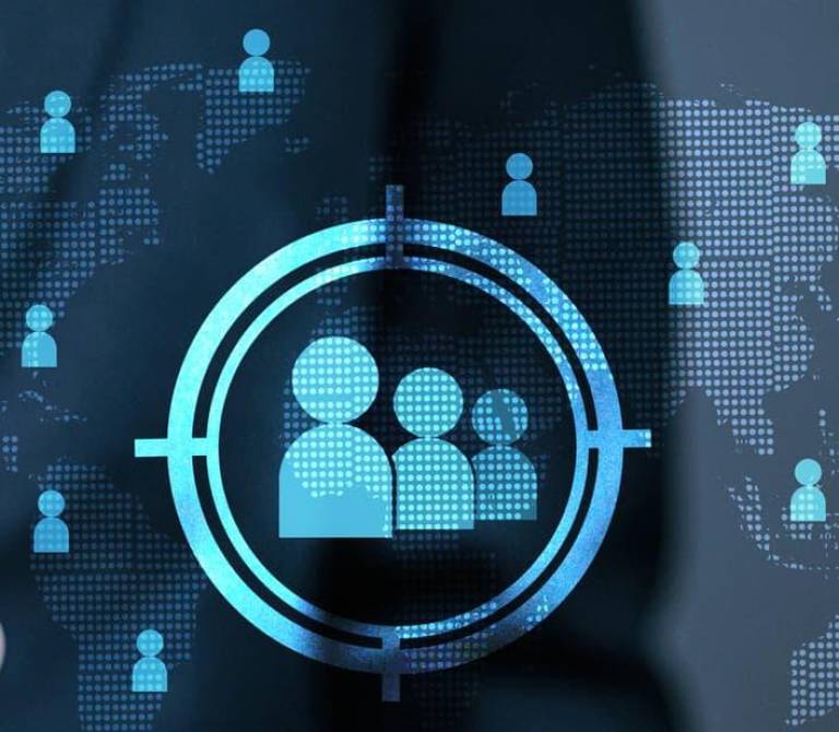 digital target icon highlighting audience segments across a global network, representing focused B2B microsite targeting, account-based marketing precision, and campaign-specific user journeys