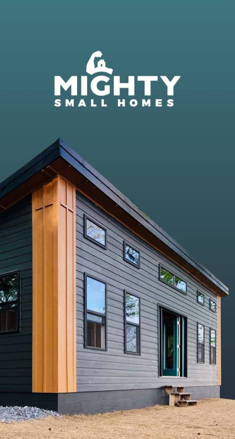 Mighty Small Homes logo over an example finished kit build