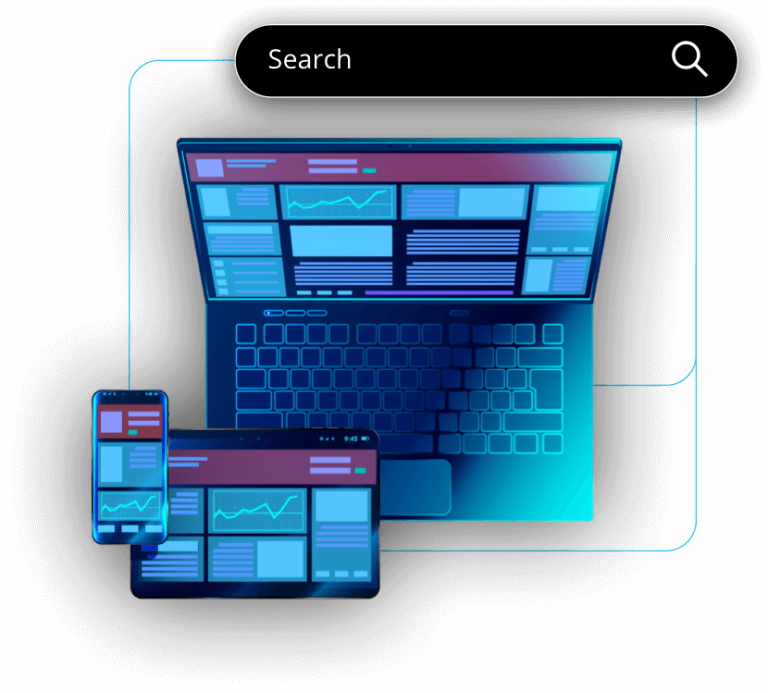 Illustration of digital devices attached to a search bar for Organic SEO