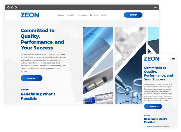 screenshots of the zeon specialty materials website