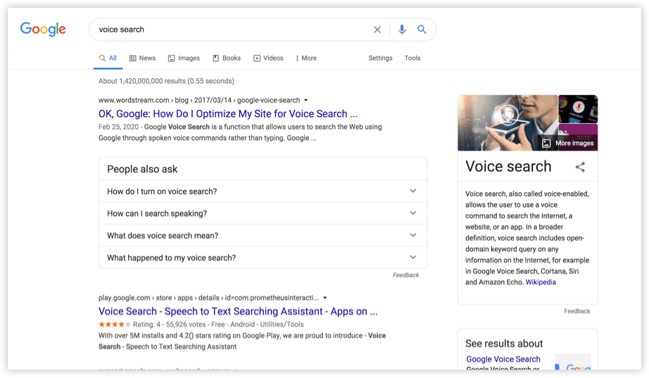 Google results for voice search