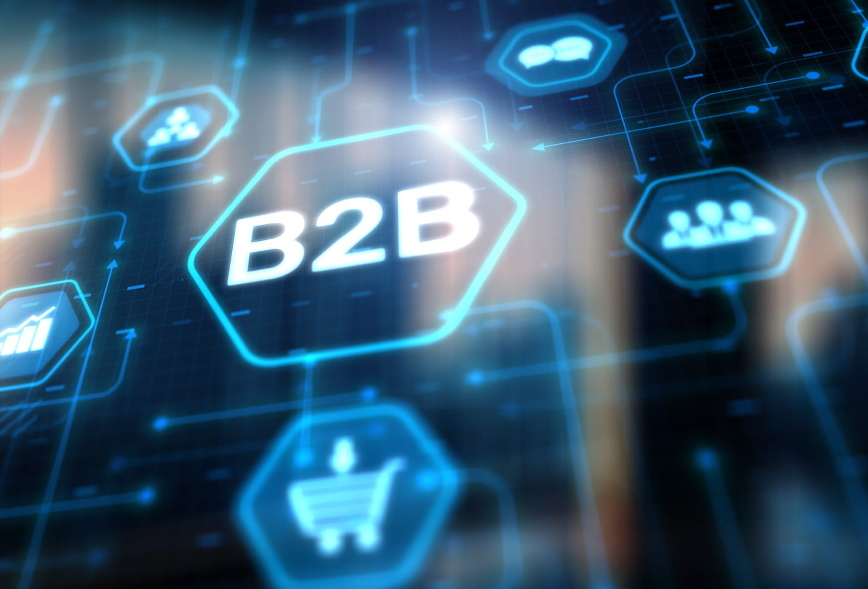 B2b emblem with icons for shopping cart customers, analytics