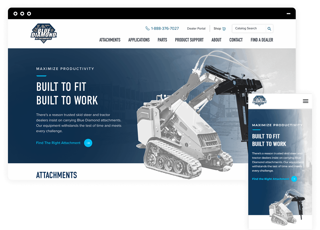 Home page of Blue Diamond Attachments in a desktop window and then again as the mobile version in a mobile window.