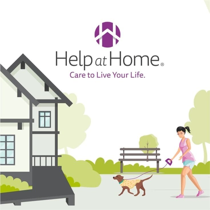 An illustration of a woman walking a dog next to a park with a bench and some houses, featuring the Help at Home logo and slogan, Care to Live Your Life.