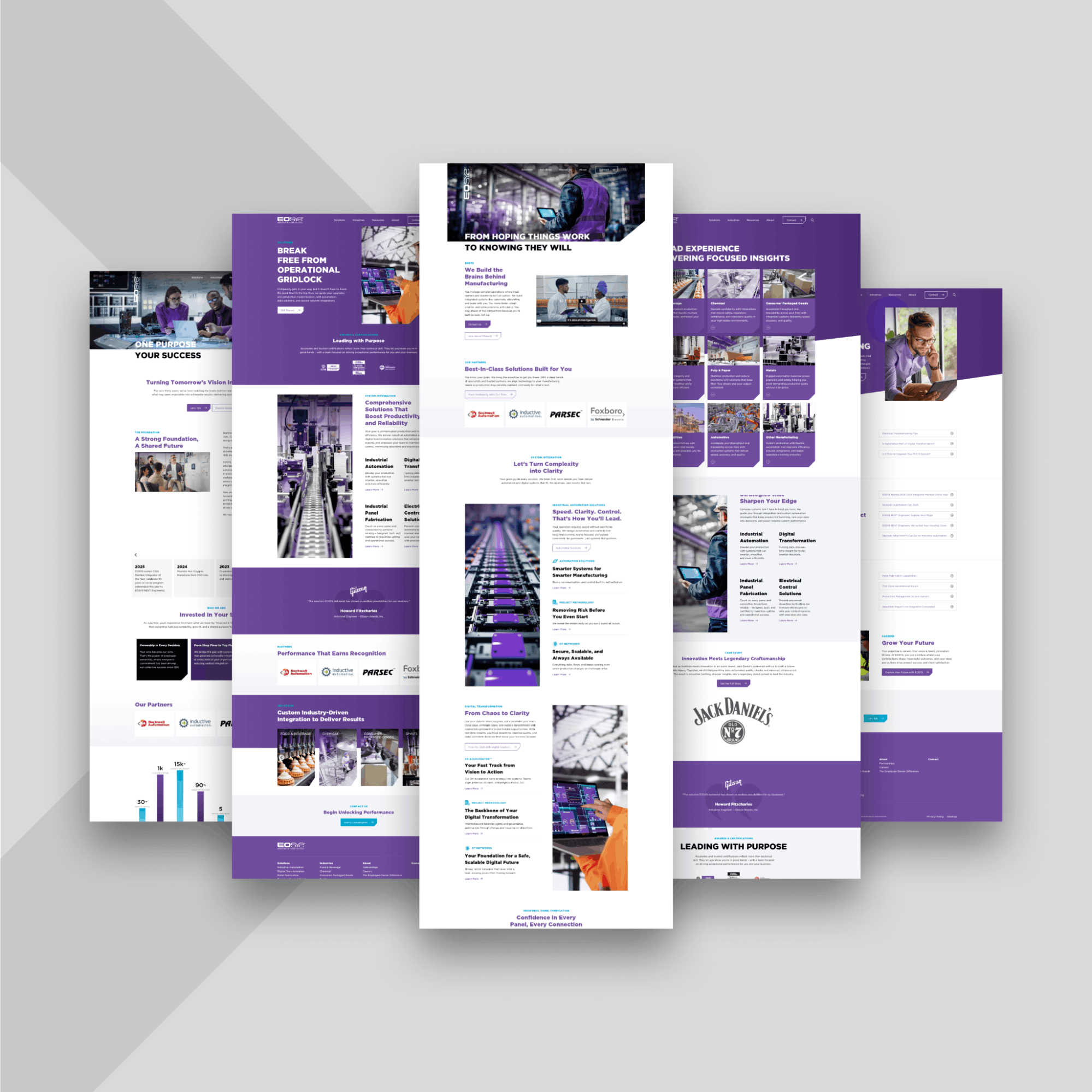 set of redesigned EOSYS website pages showing updated navigation, industry imagery, and messaging that highlights the company’s automation, controls, and digital transformation capabilities