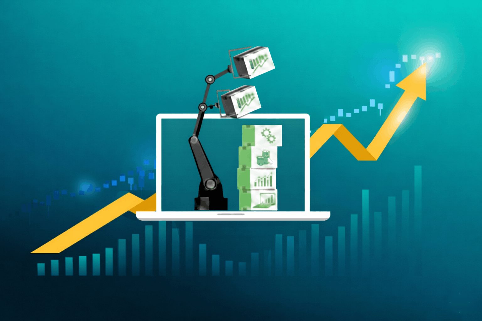 industrial website metrics represented through a laptop projecting data blocks and an upward growth chart to illustrate how digital performance drives qualified leads pipeline influence and revenue attribution