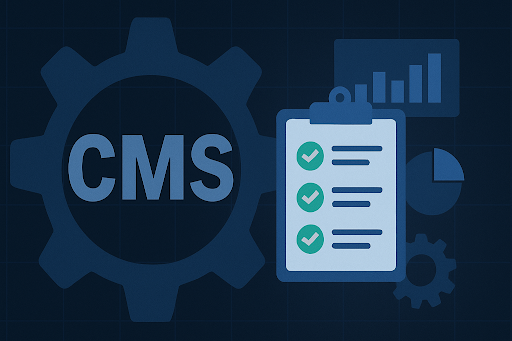 Illustration representing enterprise CMS selection, featuring a gear labeled CMS and a clipboard checklist with green checkmarks, and icons in the background symbolizing analytics and performance metrics to evaluate when investing in a website content management system