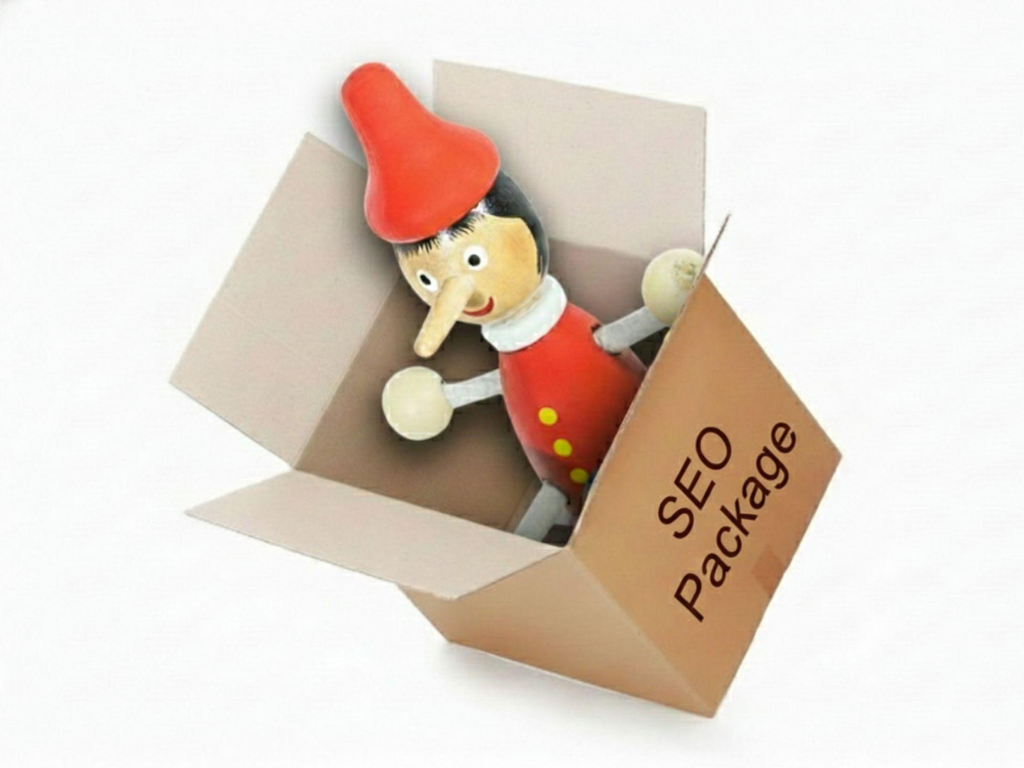 Pinocchio in a box labeled seo package