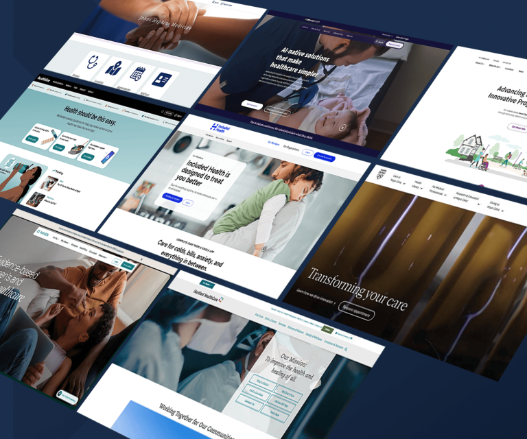collection of healthcare website homepages featuring Athenahealth, Mayo Clinic, Help at Home, Maven Clinic, Hartford HealthCare, Included Health, Healthline, and Johns Hopkins Medicine, highlighting navigation, search, audience segmentation, photography, media, service simplicity, content authority, and accessibility