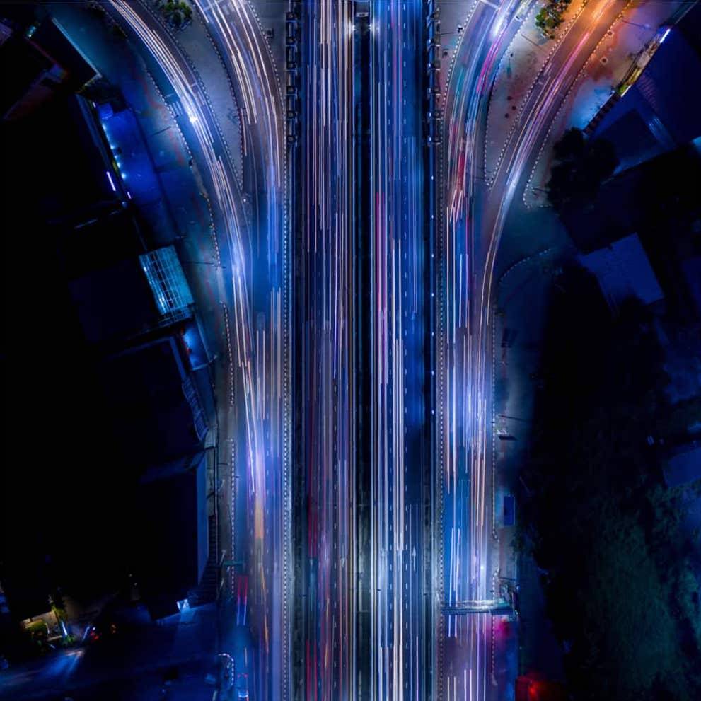 overhead photo of a highway at night for the Zeon website development project completed by DBS Interactive