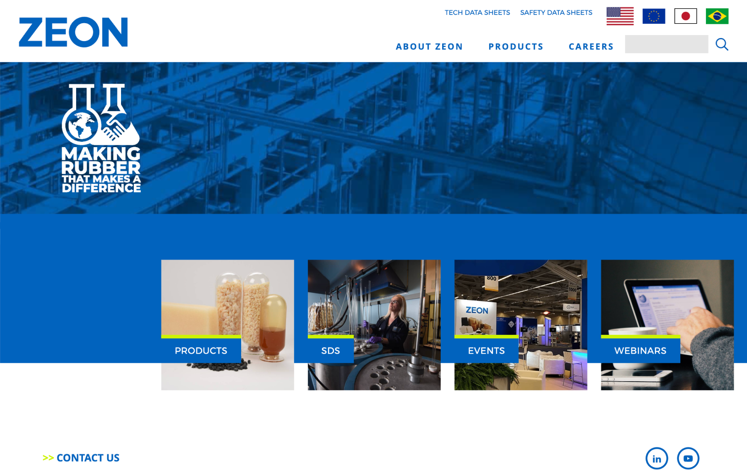 Screenshot of ZEON’s homepage showing the desktop and mobile view. The homepage highlights ‘Innovative Elastomers. World-Class Service.’ with a blue theme, product offerings, and expert advice sections.