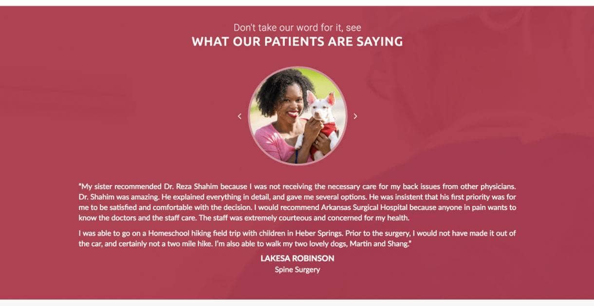 screenshot example of Arkansas Surgical Hospital website's Patient Reviews and Testimonials