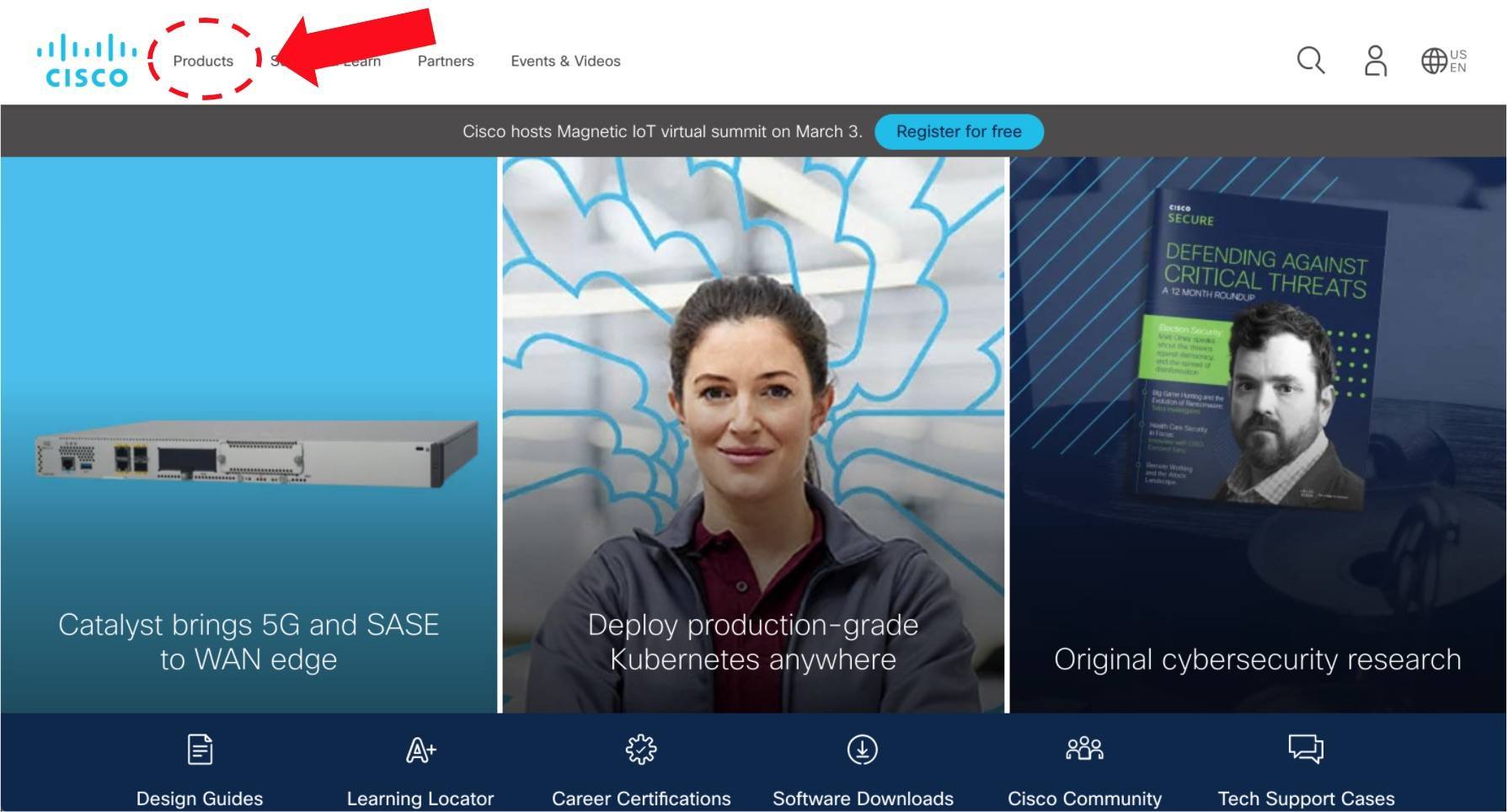 an example of the navigation menu on Cisco's website homepage