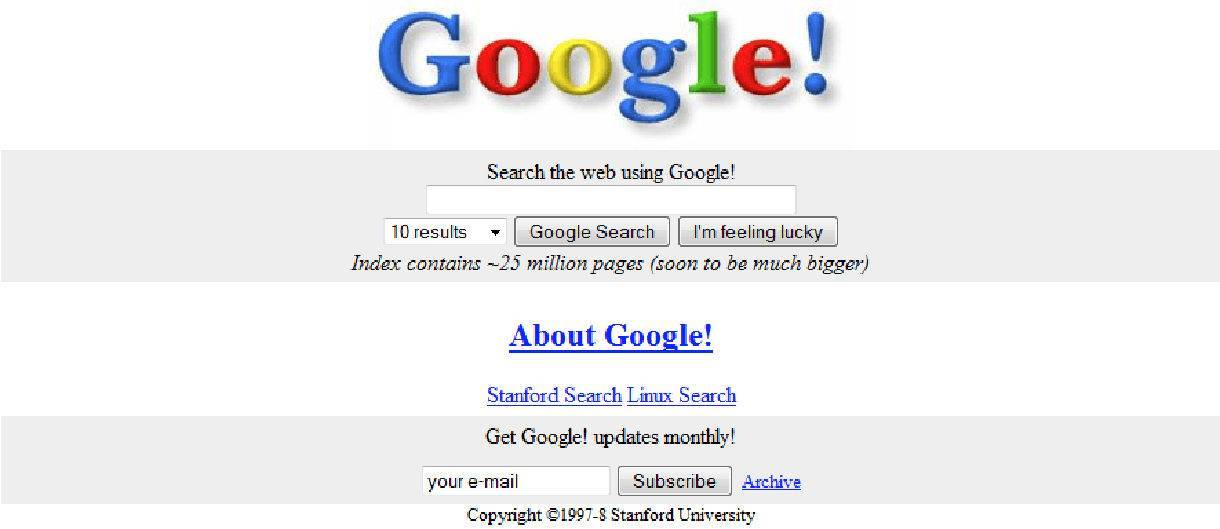 Google's first Search page when it launched in 1997