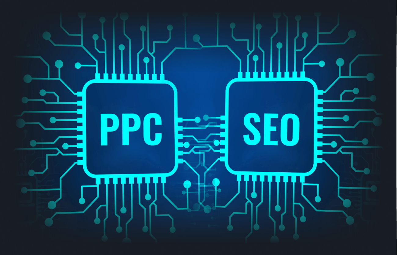illustration of two computer chips on a circuit board with the labels PPC and SEO