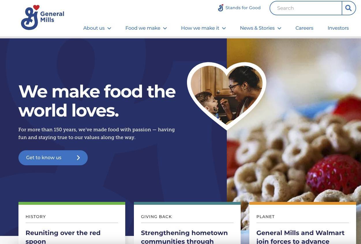 homepage of General Mills Inc manufacturing company website that includes great calls to action