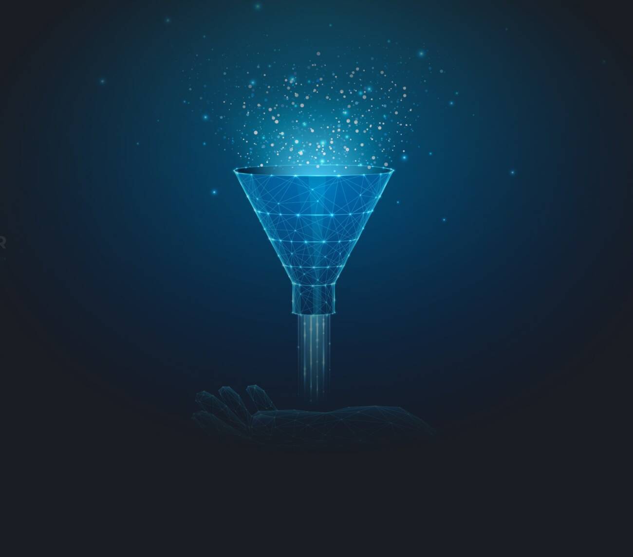 Illustration depicting data particles going through a funnel into the palm of a hand.