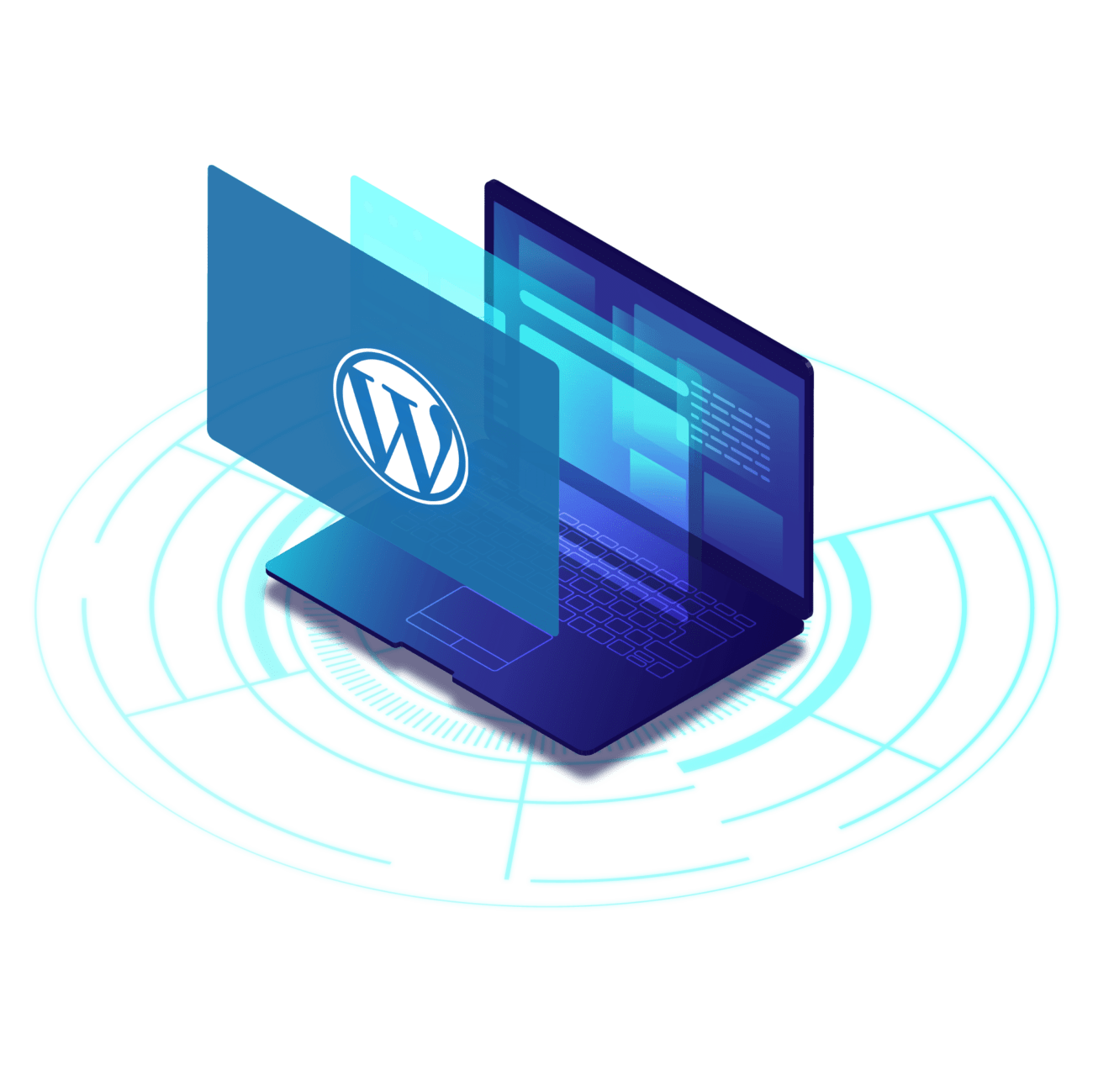 WordPress logo jumping out of laptop screen