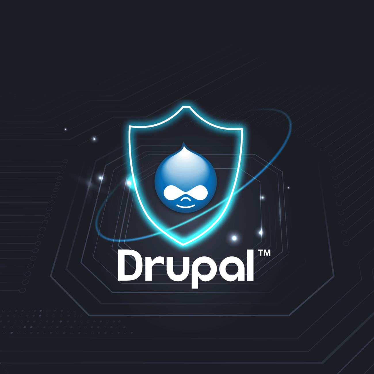 Drupal logo on background that looks like a circuit board