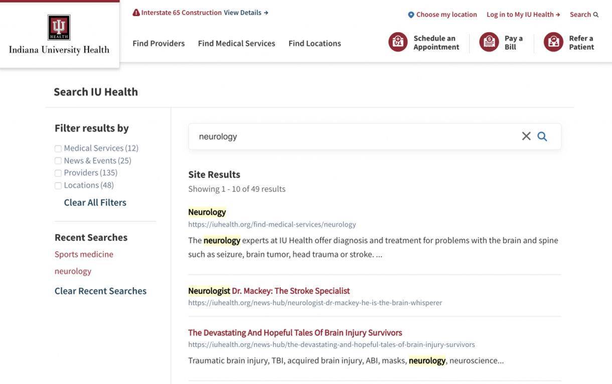 screenshot example of Indiana University Health website's robust search functionality