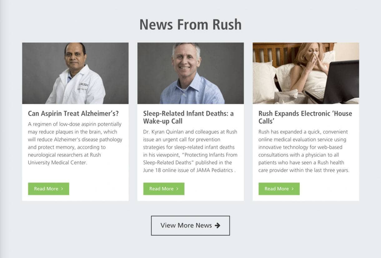 screenshot example of Rush University Medical Center website's Engaging Content
