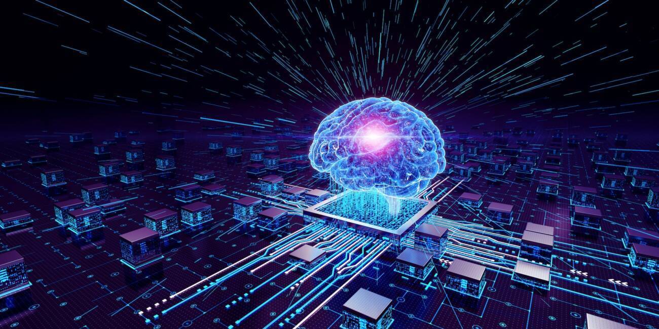 Rendering of a glowing brain on a circuit board with fast trails overhead