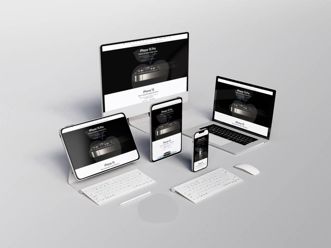 desktop, laptop, and mobile devices with the Apple website featuring the iphone 15 displaying on their screens