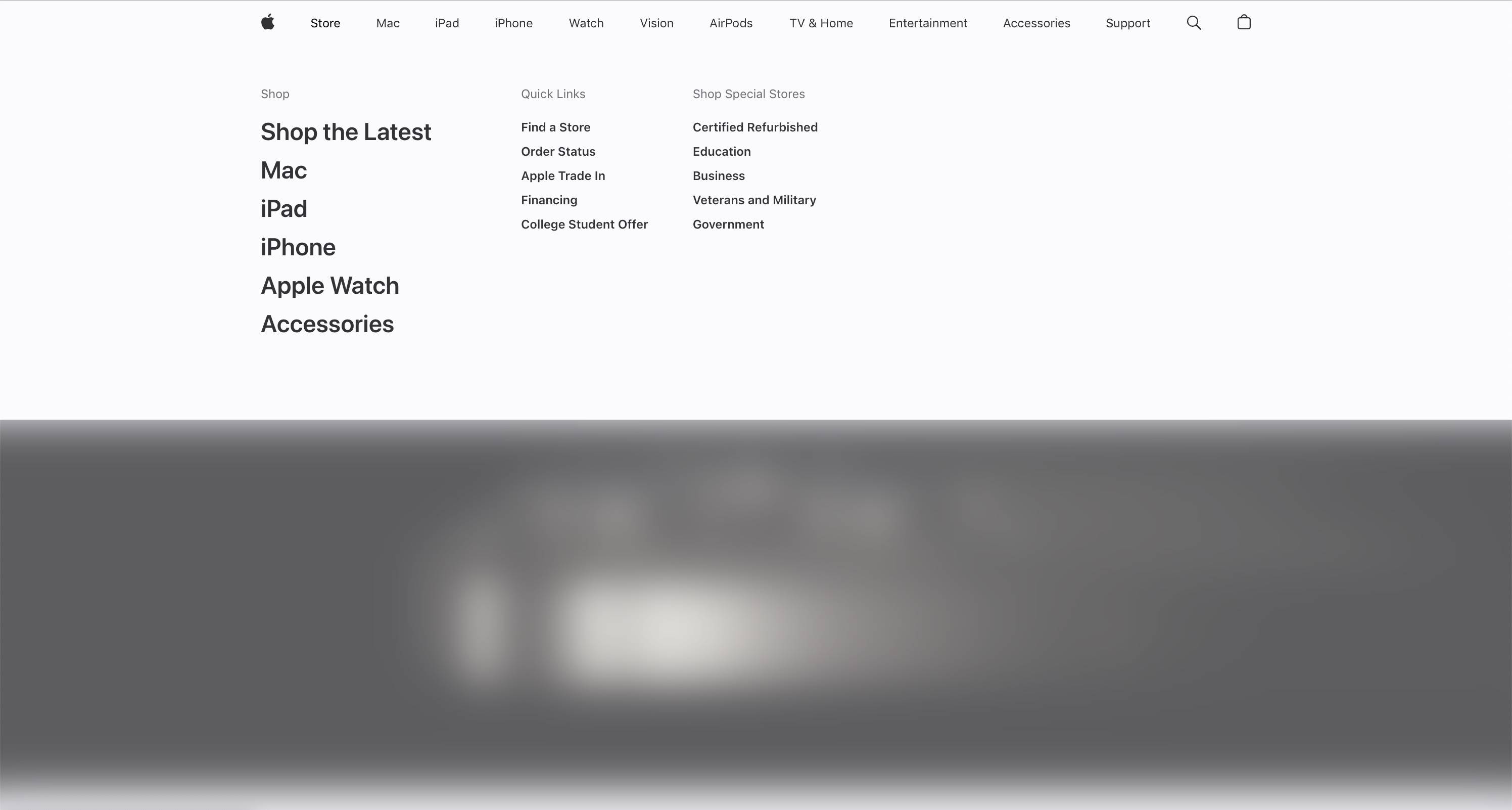 screenshot of the mega menu dropdown used for navigation on Apple's website