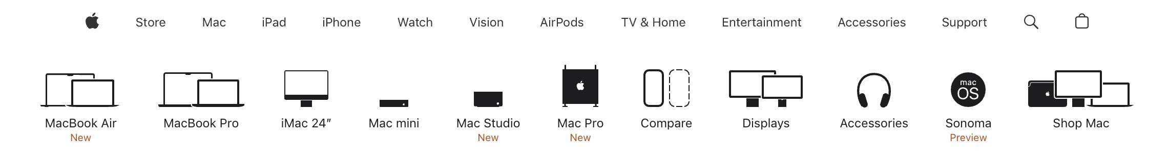the top navigation menu on Apple's website which includes both links and icons