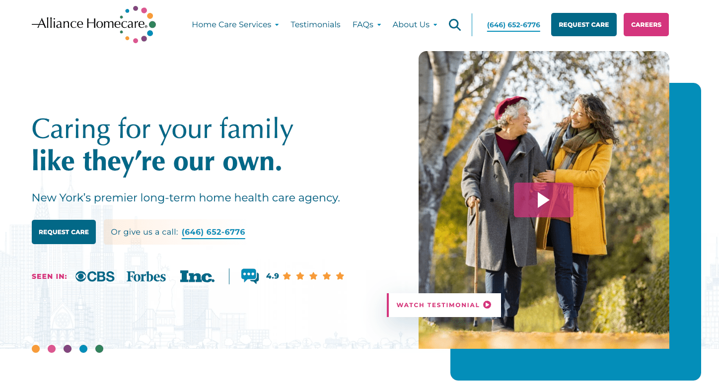 the alliance homecare website emphasizes social proof to help establish trust