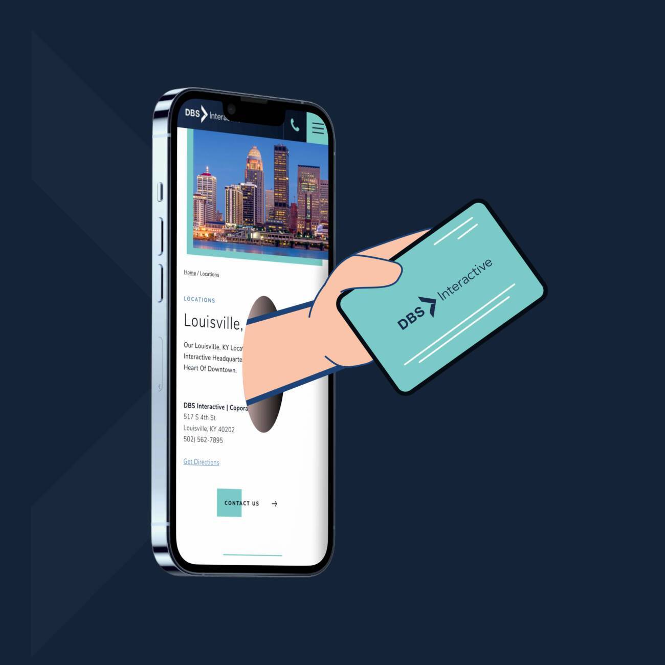 Image of hand offering a business card from a smartphone to illustrate the benefits of a great website making a great first impression