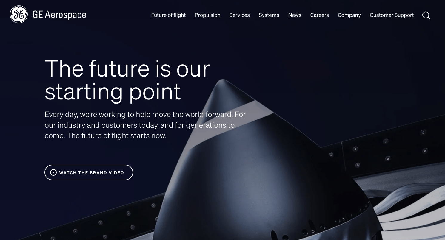 the GE Aerospace website homepage showing great messaging in the hero