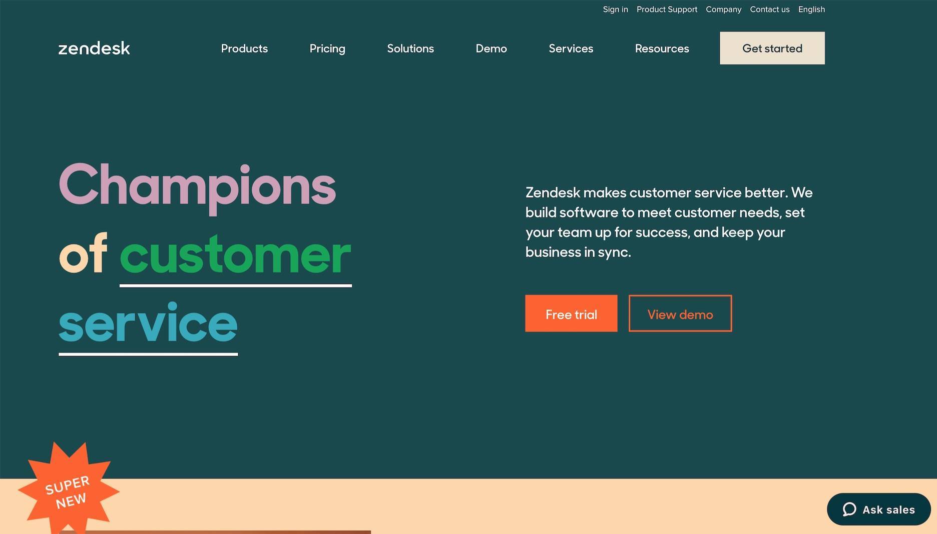 the Zendesk B2B website homepage design that focuses on customer service