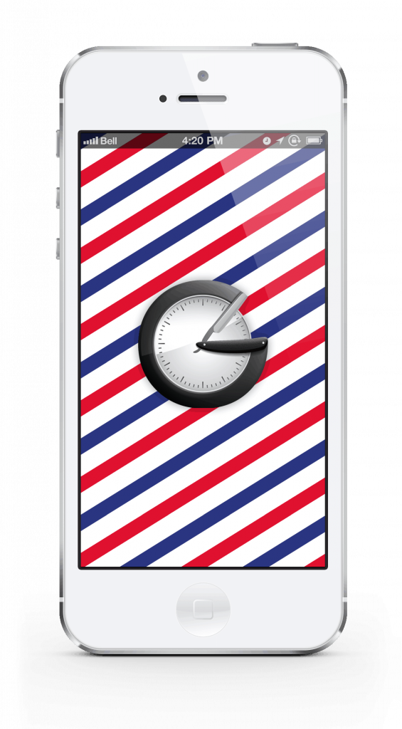 iPhone with clock image on striped background