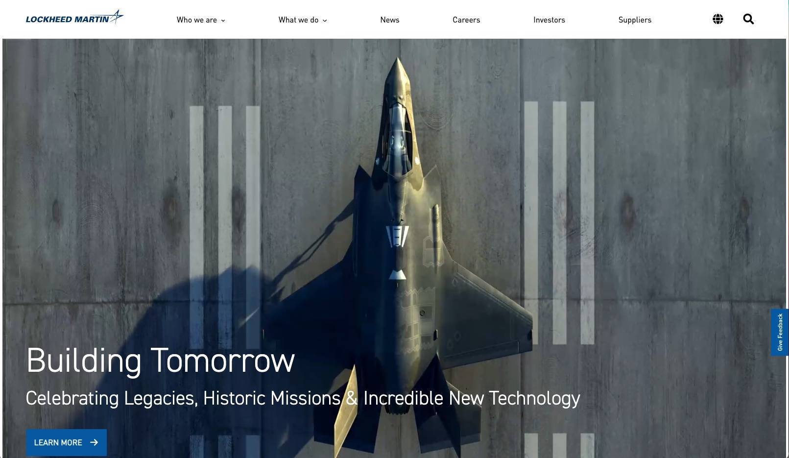 image of the Lockheed Martin manufacturing website homepage featuring high quality photo of an aircraft 