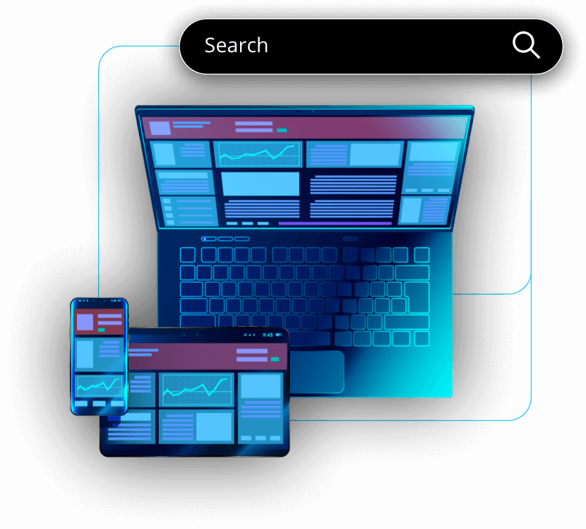 Illustration of digital devices attached to a search bar for Organic SEO