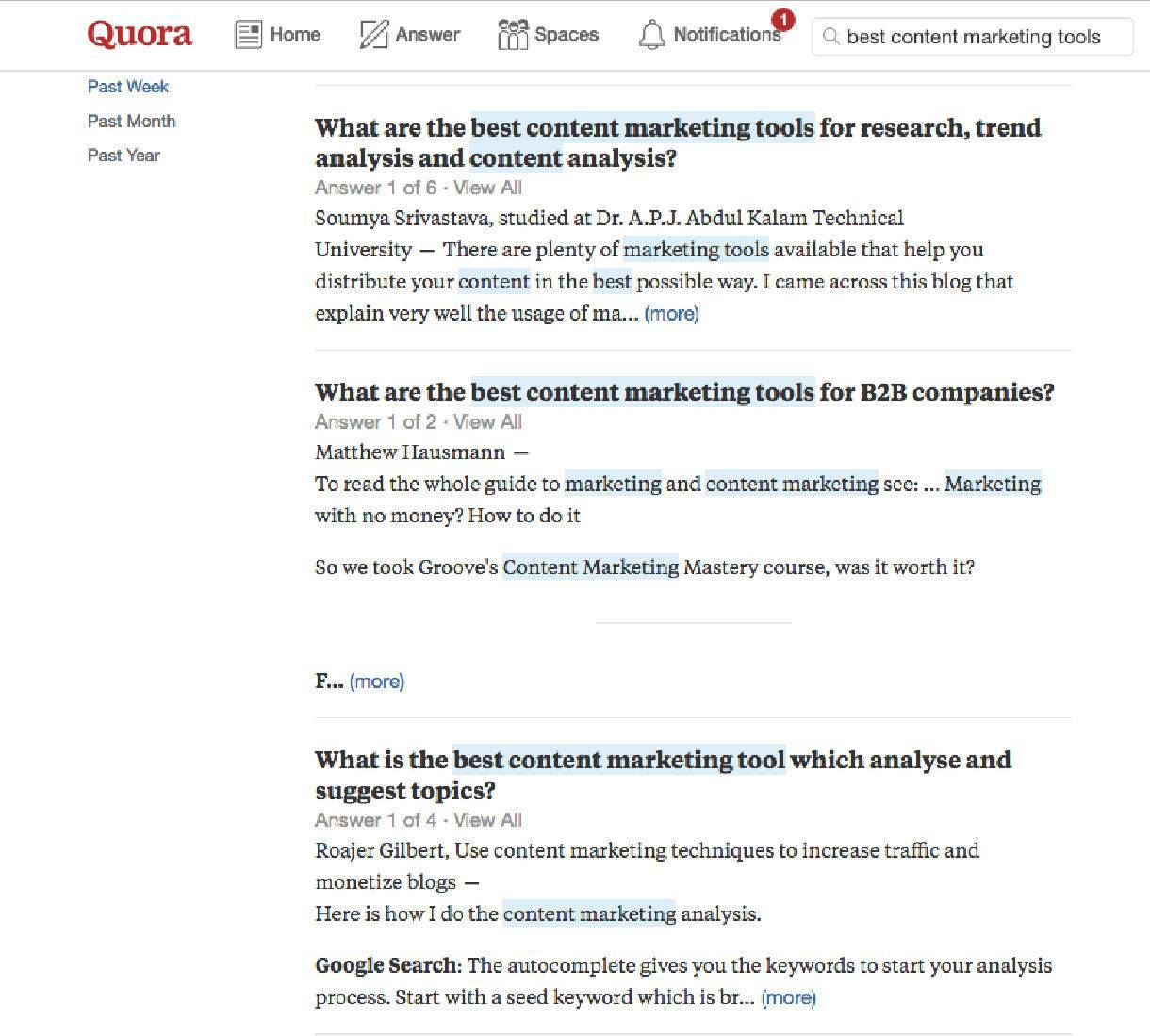 Quora search results for "best content marketing tools."
