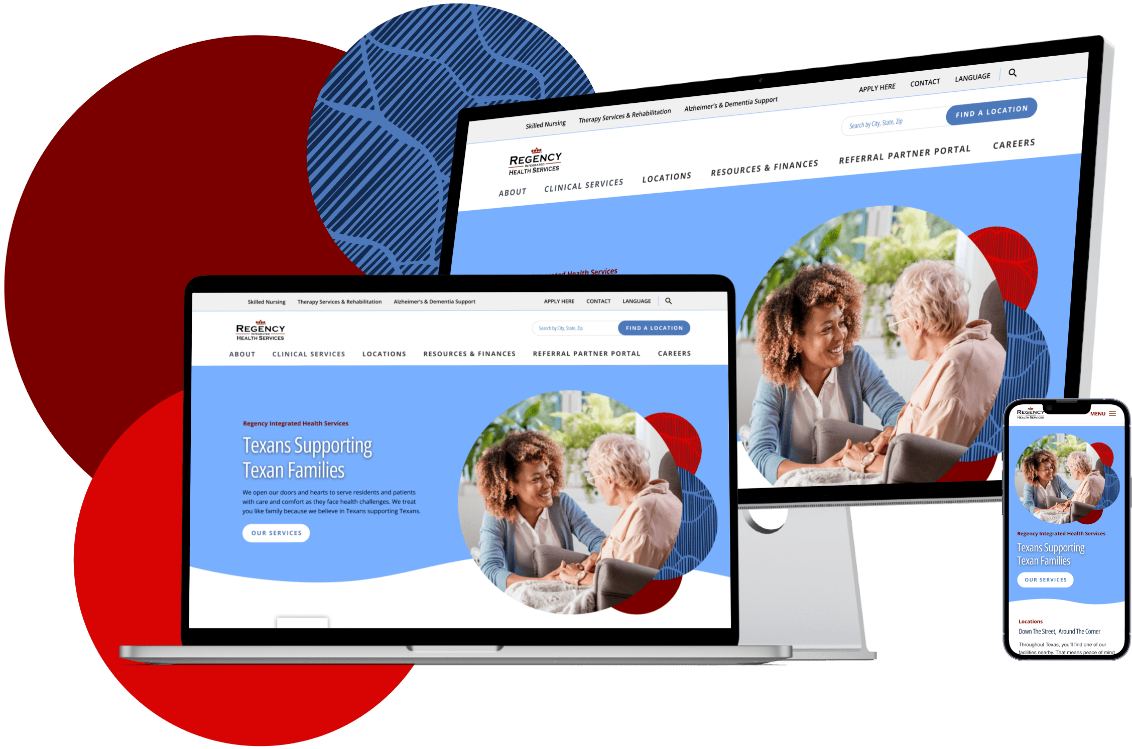 Regency website on laptop, desktop, and mobile in front of circular designs