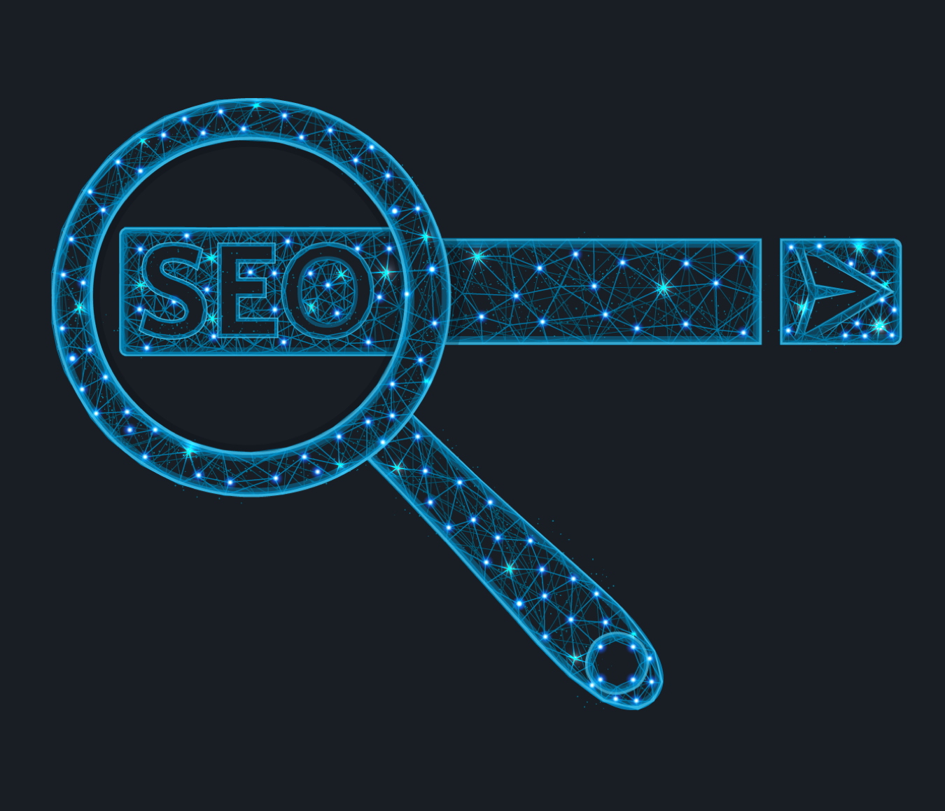graphic illustration of search engine optimization with SEO in a search bar beneath a magnifying glass